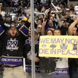 Los Angeles Kings fans celebrate after Game Six of the 2012 Stanley Cup Final at Staples Center on June 11, 2012 in Los Angeles, California. The Kings defeated the Devils 6-1 in Game Six to win the series 4-2.