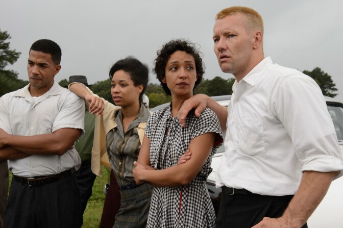 Ruth Negga (second from right) and Joel Edgerton (right) on the set of "Loving."