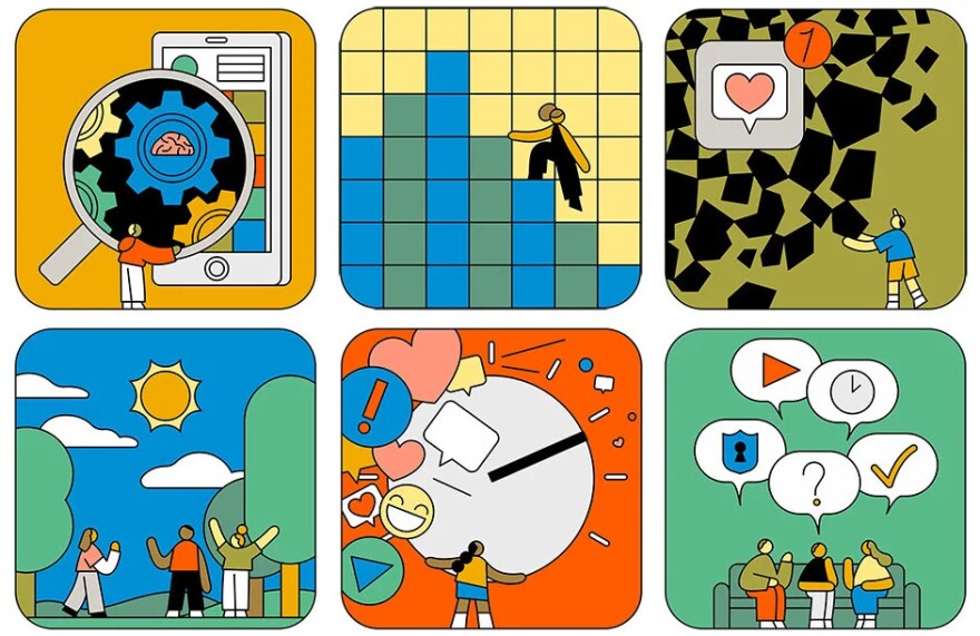 An illustration of six squares with a phone, a Tetris-type game, people meeting outside, a clock, people talking on a couch, and someone looking up at a heart.