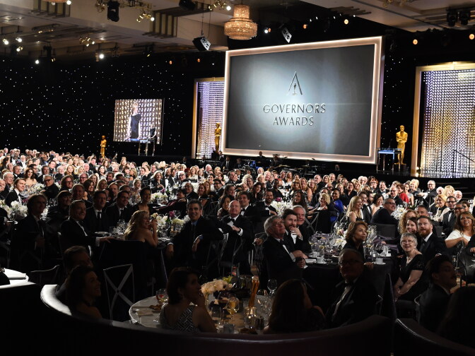 Guests pose for a photo from the Academy photographer during the 7th annual Governors Awards ceremony presented by the Board of Governors of the Academy of Motion Picture Arts and Sciences at the Hollywood & Highland Center in Hollywood, California on November 14, 2015.                      AFP PHOTO/ ROBYN BECK        (Photo credit should read ROBYN BECK/AFP/Getty Images)