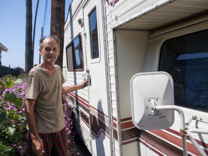 Kevin McManus lives in his RV in San Pedro. Parking restrictions there have made it tough to get by, he said. Now Long Beach is considering even tighter rules. 