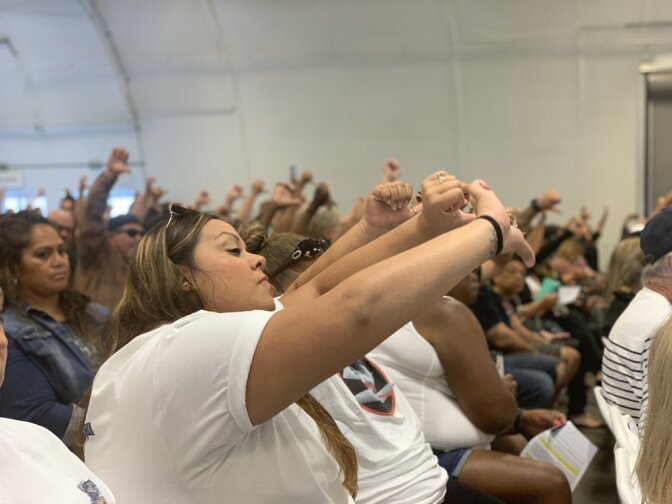 Dockworkers represented by the International Longshore and Warehouse Union (ILWU) protested an automation plan at the Port of L.A. that the union says threatens good jobs and would be catastrophic to the community.