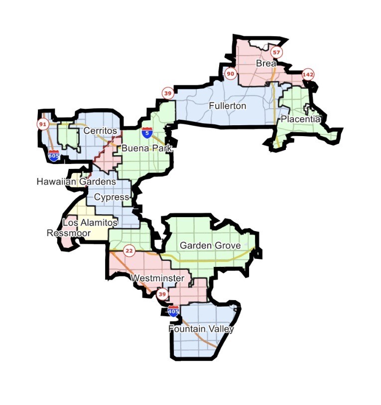 A map of the 45th congressional district in California, with cities shaded in red, green and blue.