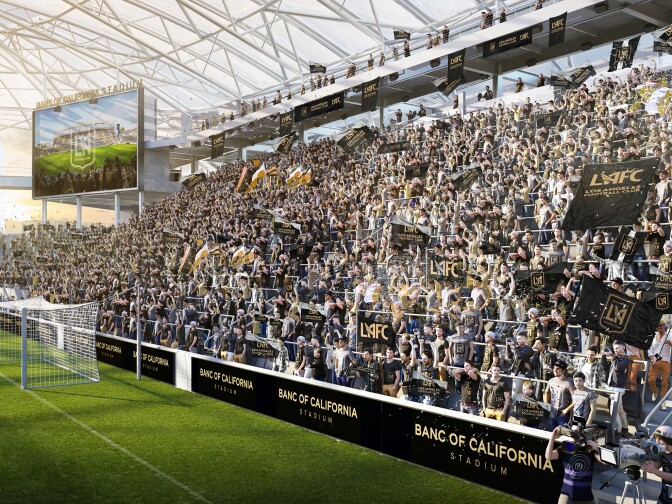 An architect's rendering of the Supporters Section of the new Banc of California Stadium, home of the Los Angeles Football Club.