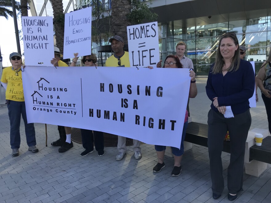 Attorney Brooke Weitzman announces a federal lawsuit against Orange County and the cities of Anaheim, Costa Mesa and Orange for allegedly violating homeless people's rights.