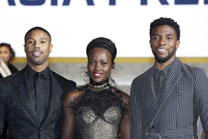 SEOUL, SOUTH KOREA - FEBRUARY 05:  Actor Michael B. Jordan, Lupita Nyong'o,  and Chadwick Boseman(Left to Right) arrive at the red carpet of the Seoul premiere of 'Black Panther' on February 5, 2018 in Seoul, South Korea.  (Photo by Han Myung-Gu/Getty Images for Disney)
