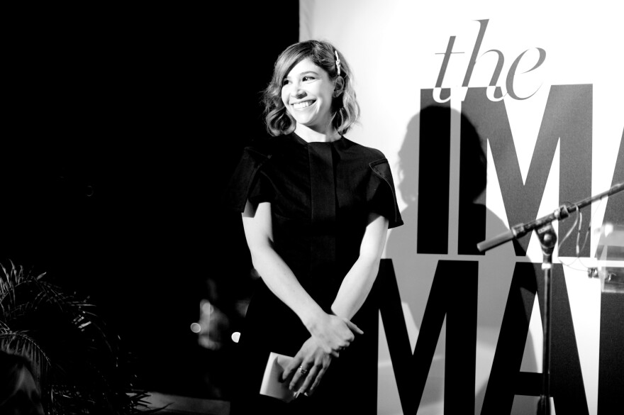 LOS ANGELES, CA - JANUARY 12:  (EDITORS NOTE:  Image was shot in black and white)  Actress Carrie Brownstein speaks onstage during the inaugural Image Maker Awards hosted by Marie Claire at Chateau Marmont on January 12, 2016 in Los Angeles, California.  (Photo by Charley Gallay/Getty Images for Marie Claire)