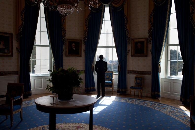 President Barack Obama looks out the window in the Blue Room of the White House before holding a press conference,  Nov. 3, 2010. (Official White House Photo by Pete Souza)

This official White House photograph is being made available only for publication by news organizations and/or for personal use printing by the subject(s) of the photograph. The photograph may not be manipulated in any way and may not be used in commercial or political materials, advertisements, emails, products, promotions that in any way suggests approval or endorsement of the President, the First Family, or the White House. 