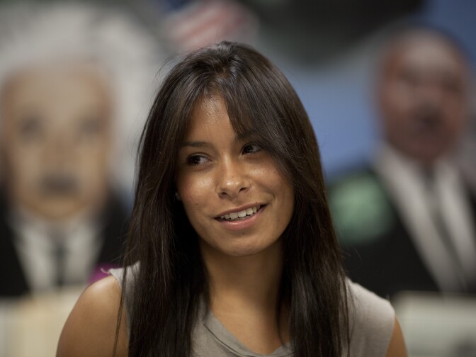 Cheyenne Chinchilla presents a poem in Sunshine Cavalluzzi's social science class at El Dorado High School in Placentia.