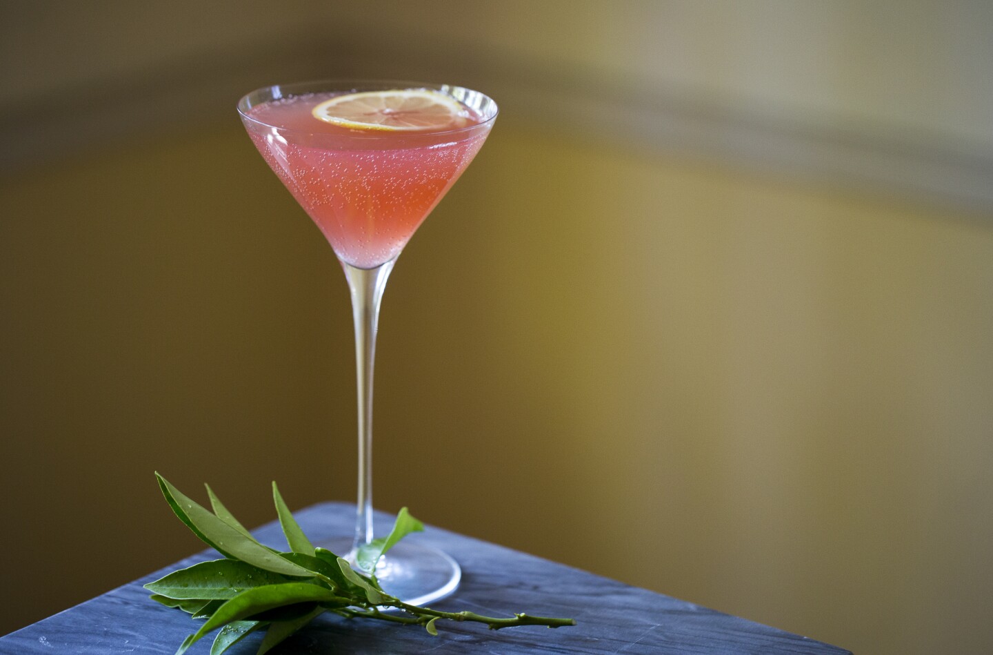a small martini glass filled with a pink liquid at the edge of a black table