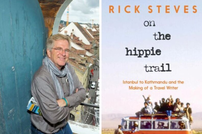 On the left, author Rick Steves holds his hands crossed while wearing a greyish-blue scarf. He's also wearing glasses and holding pamphlets in one hand. On the right is the cover of his book "On the Hippie Trail" which features an orange and white van filled with people.