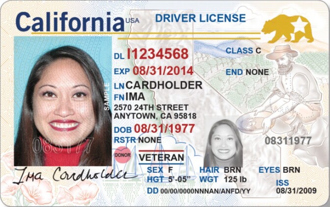 Image of a driver's license shows the characteristics of a REAL ID, which includes two versions of the driver's photo and a distinctive background. There's also the iconic image of a golden bear in the upper right-hand corner, with a white star overlay. That's how you know this is a proper REAL ID.