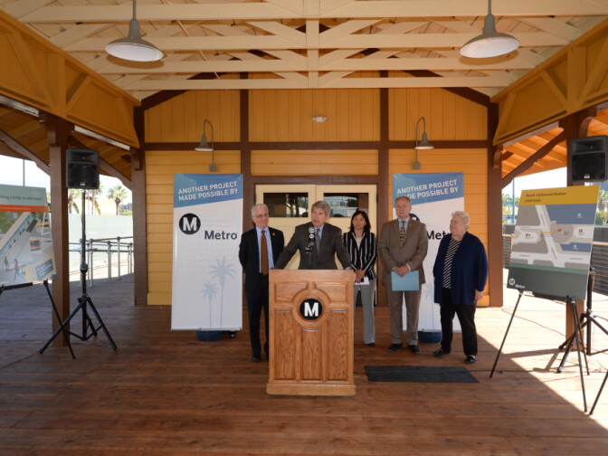 Supervisor and Metro Board Member Zev Yaroslavsky speaking at Thursday's event announcing the completion of the $3.6 million restoration of Lankershim Depot. 