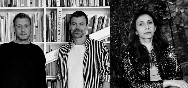 A collage of black and white portraits of two men, known as Elmgreen and Dragset, and one woman, Ottessa Moshfegh.