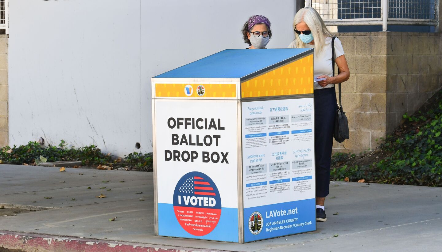 Voters cast their ballots for the 2020 US Elections at an offical ballot drop box on a sidewalk in Los Angeles, California on October 12, 2020, where election officials are looking into the use of unofficial ballot drop boxes installed by California's Republican Party. (Photo by Frederic J. BROWN / AFP) (Photo by FREDERIC J. BROWN/AFP via Getty Images)