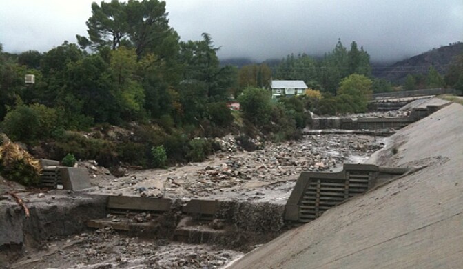 An intense rainstorm caused this catch basin in La Canada Flintridge, Calif., to fill up on Jan. 18, 2010.