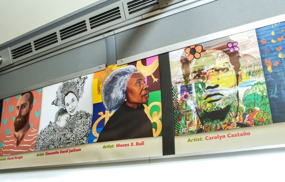 Four portraits in different styles are pictured along the top of a Metro bus. The artists credited are Daniel Barajas, Simonette David Jackson, Moses X. Ball, and Carolyn Castaño.