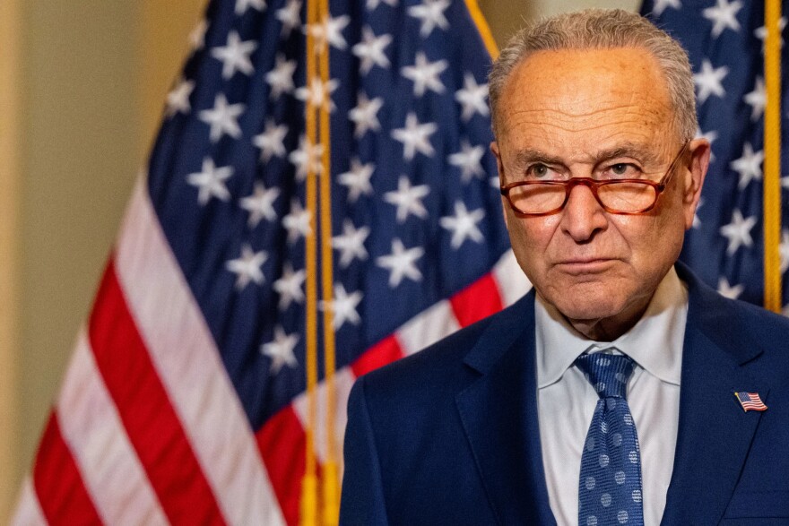 Senate Majority Leader Chuck Schumer, wearing a blue suit with a gray shirt and blue time, stands in front of a pair of American flags.
