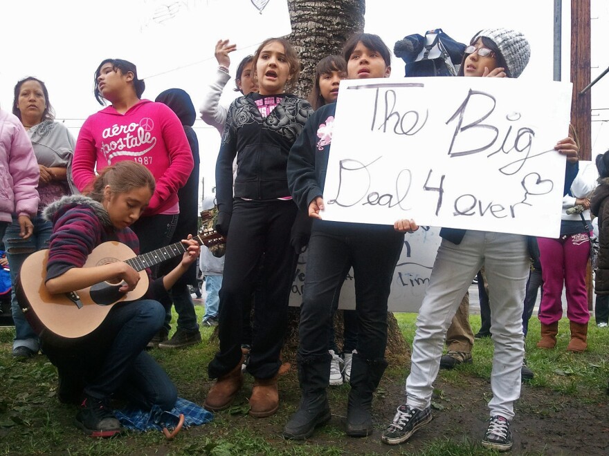 Natalie Morales and other sixth graders sing to their teacher at Miramonte Elementary School. 