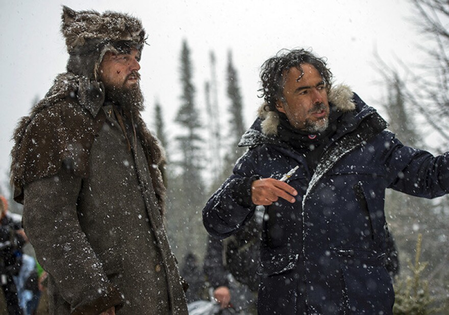 Leonardo DiCaprio, left, with director Alejandro Gonzalez Iñárritu on the set of "The Revenant."