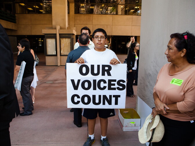 Anaheim has scheduled eight public meetings on the mapping of city council districts even as a lawsuit challenging the city's council election system is headed for a trial. 
(File photo: Anaheim resident, Gabriel Bermirez, 14, says that he sympathizes with feelings of frustration among the Latino community with city leadership and police).