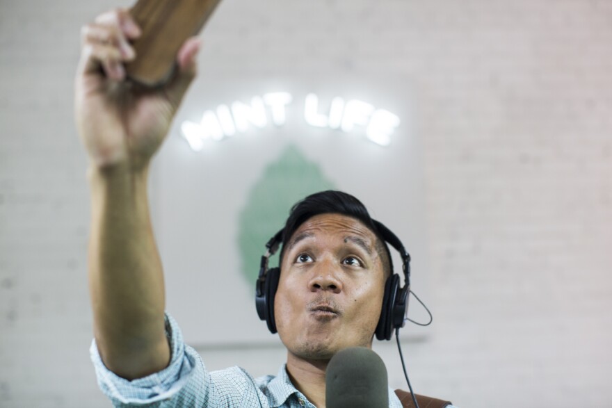 Take Two's Leo Duran takes a selfie in the mint chip room during a press preview at the Museum of Ice Cream in the Arts District on Thursday, April 20, 2017. The museum is open from April 22 through May 29.