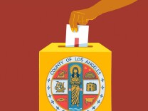 Graphic of a person's hand placing a ballot in a ballot box that has the County of Los Angeles seal.