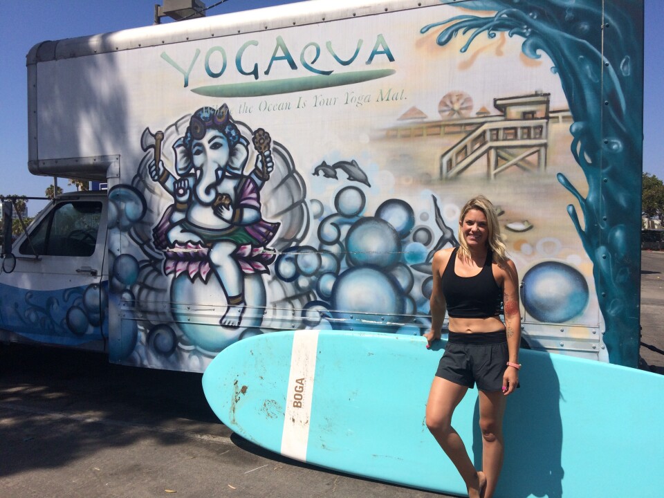 Sarah Tiefethaler stands in front of her YOGAqua truck in Marina del Rey.