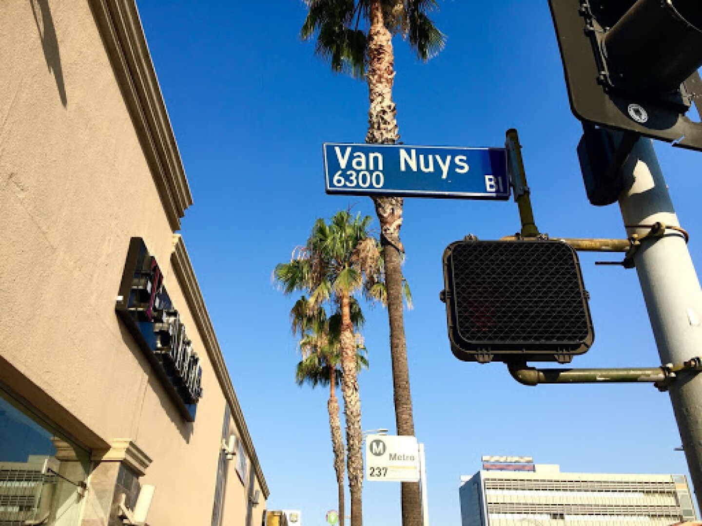 An image of a street light at Van Nuys Boulevard.