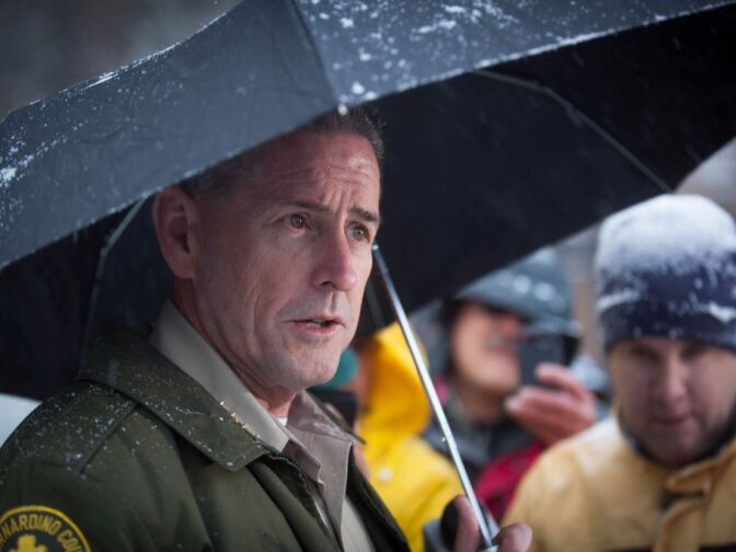 San Bernardino Sheriff John McMahon speaks at a press conference about the continuing search for Christopher Dorner throughout the mountain forest areas.