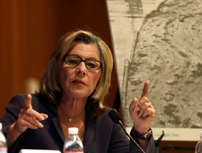 U.S. Senator Barbara Boxer (D-CA) speaks next to a photo of an oil spill near Santa Barbara during a public meeting on offshore drilling April 16, 2009 in San Francisco, California.