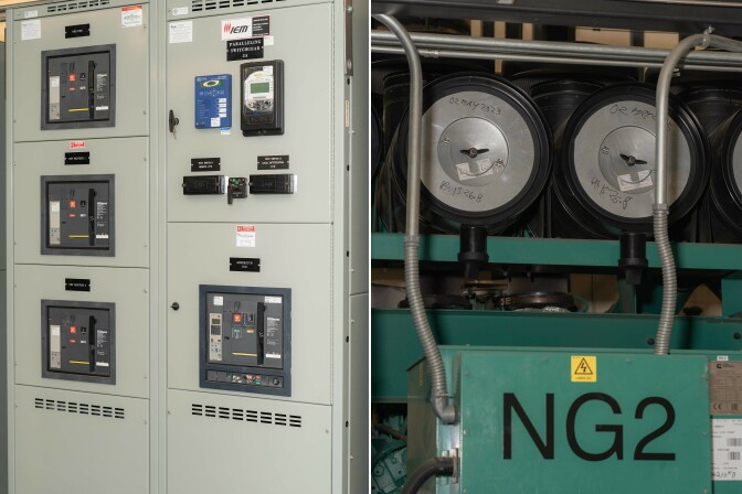 Left: Circuit breaker panel at MCAS Miramar. Right: Diesel engine in the engine room at MCAS Miramar.