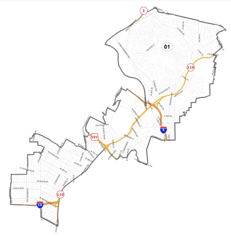 Map shows the outline of the district which has the 110 running through it. Neighborhoods include all or part of Glassell Park, Cypress Park, Highland Park, Mount Washington, Solano Canyon, Elysian Park, Echo Park, Angelino Heights, Temple Beaudry, Chinatown, Downtown, Westlake, Rampart Village, Lincoln Heights, Montecito Heights, Pico Union, University Park, Victor Heights, Koreatown