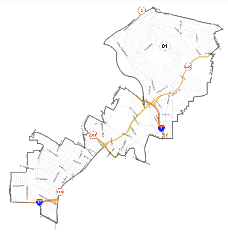 Map shows the outline of the district which has the 110 running through it. Neighborhoods include all or part of Glassell Park, Cypress Park, Highland Park, Mount Washington, Solano Canyon, Elysian Park, Echo Park, Angelino Heights, Temple Beaudry, Chinatown, Downtown, Westlake, Rampart Village, Lincoln Heights, Montecito Heights, Pico Union, University Park, Victor Heights, Koreatown 