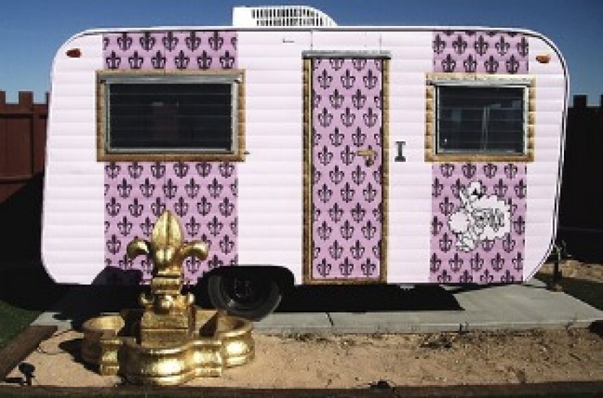 The Fifi trailer features lush purple interior. Hicksville, Joshua Tree, California.
