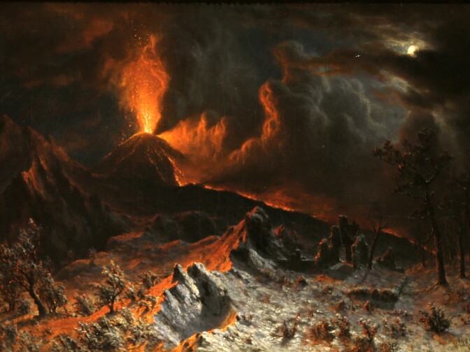 An 1868 painting called "Mount Vesuvius at Midnight" by Albert Bierstadt is shown during an exhibition called "The Last Days of Pompeii: Decadence, Apocalypse, Resurrection" at The Cleveland Museum of Art Friday, Feb. 22, 2013, in Cleveland. Bierstadt witnessed the 1868 eruption of Mount Vesuvius. The exhibition will be on view from Feb. 24 through July 7, 2013. (AP Photo/Tony Dejak)