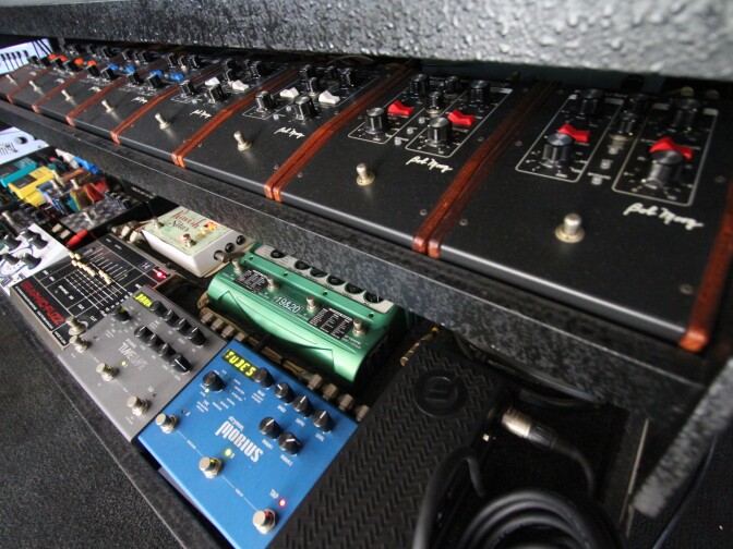 Composer Charlie Clouser's collection of effects pedals in his Topanga Canyon studio.