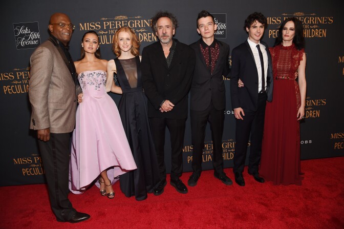 NEW YORK, NY - SEPTEMBER 26:  (L-R) Samuel L. Jackson, Ella Purnell, Lauren McCrostie, Tim Burton, Asa Butterfield, Finlay MacMillan and Eva Green attend the "Miss Peregrine's Home For Peculiar Children" premiere at Saks Fifth Avenue on September 26, 2016 in New York City.  (Photo by Jamie McCarthy/Getty Images)
