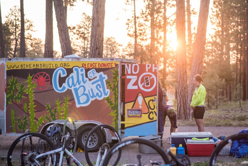 Bike and Build has two support vans that drive along the cyclists with supplies and food so the riders don't have to carry it on their bikes. The group's trailer shown here at Jacob Lake, AZ.