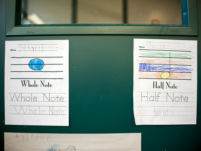 Kindergarteners at El Rincon Elementary School are learning to read music.
