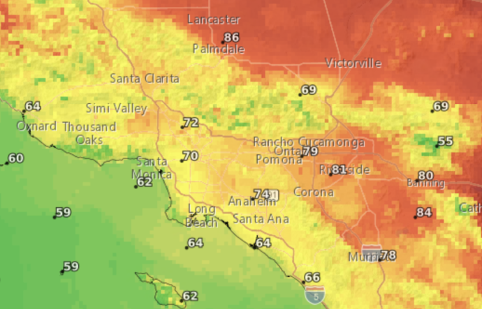 A map of Southern California is colored in shades of green, yellow and orange. It is superimposed with names of SoCal cities and numbers ranging from the high 50's to mid 80's, indicating daytime highs for the region.