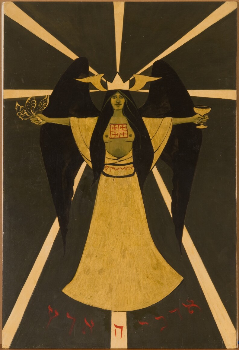 A golden angel figure with black wings looks forward, with her arms outstretched holding a chalice and lead-like object