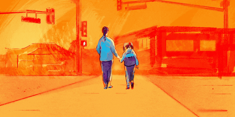 A motion graphic showing an artistic rendering of Erica and Alessa holding hands, crossing the street in a crosswalk.