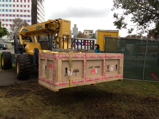 Bronze Statue of Archbishop Romero being delivered at MacArthur Park November 21, 2013