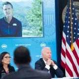 US President Joe Biden holds a briefing on wildfires ahead of the wildfire season with cabinet members, government officials, as well as governors of several western states including California Governor Gavin Newsom (on screen), in the Eisenhower Executive Office Building in Washington, DC, June 30, 2021. (Photo by SAUL LOEB / AFP) (Photo by SAUL LOEB/AFP via Getty Images)