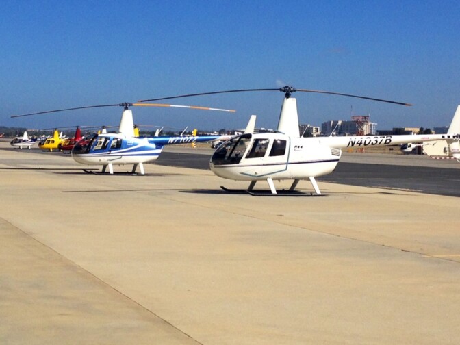 Two helicopters await inspection at the Robinson Helicopter Company manufacturing plant in Torrance. The company is the largest helicopter operator at the city airport's and the world's leading manufacturer of civilian helicopters.