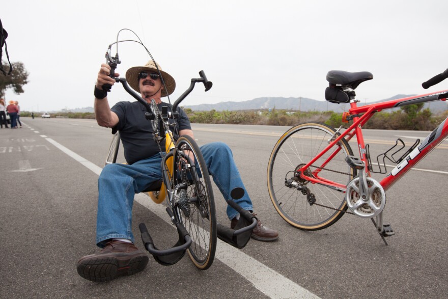 Larry Culbertson, a member of the San Clemente Green, rides his hand cycle at a press conference outside of San Onofre on Friday, June 7th. Edison announced that the plant will be permanetly shut down.