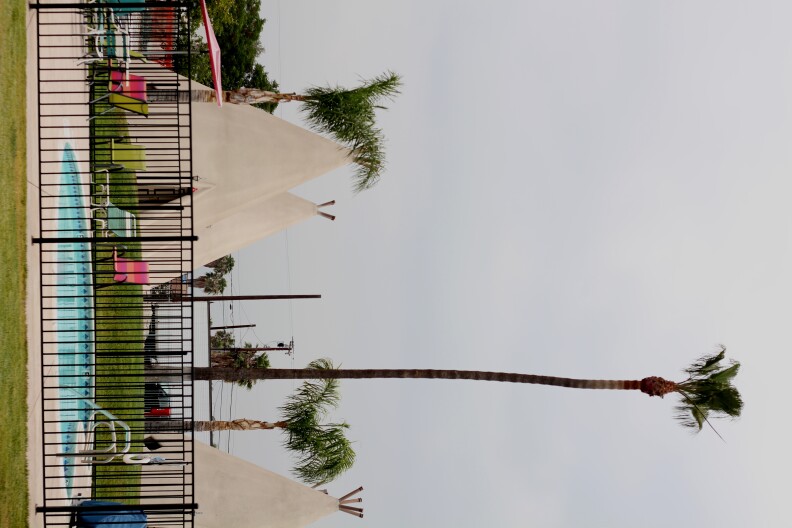 The kidney-shaped pool among the palm trees at the Wigwam Motel in Rialto. 