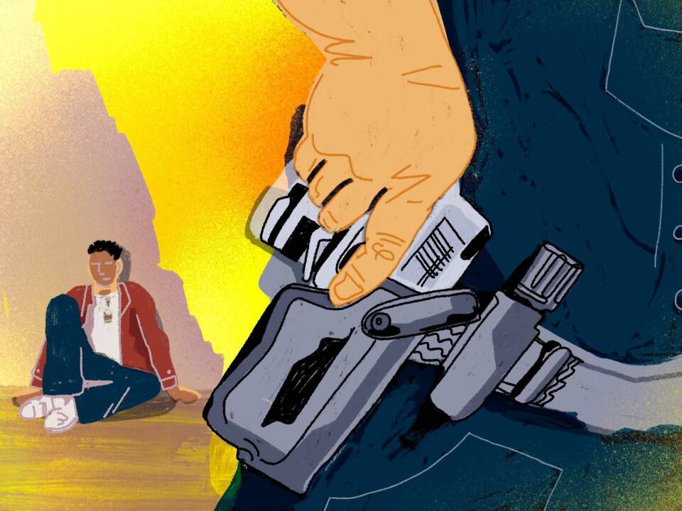 Illustration shows an office with his hand on a gun at his waist.