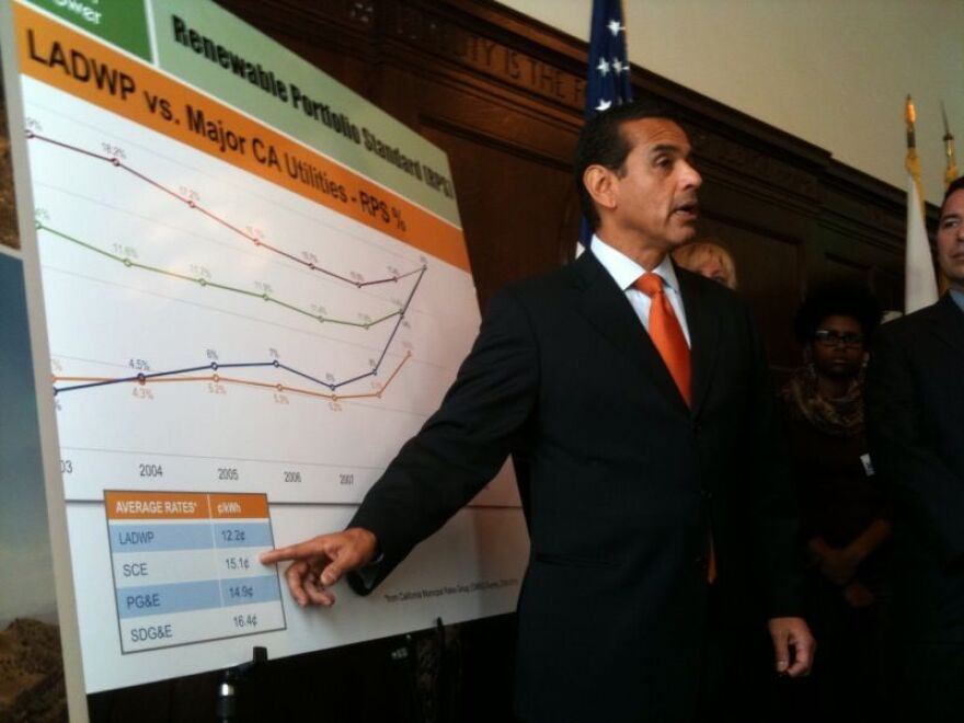 Los Angeles Mayor Antonio Villaraigosa announces that the city's Department of Water and Power reached his goal of drawing 20 percent of its energy from renewable sources in 2010.